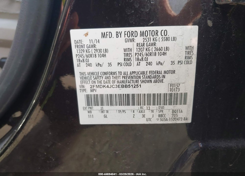 2014 FORD EDGE SEL VIN: 2FMDK4JC3EBB51251