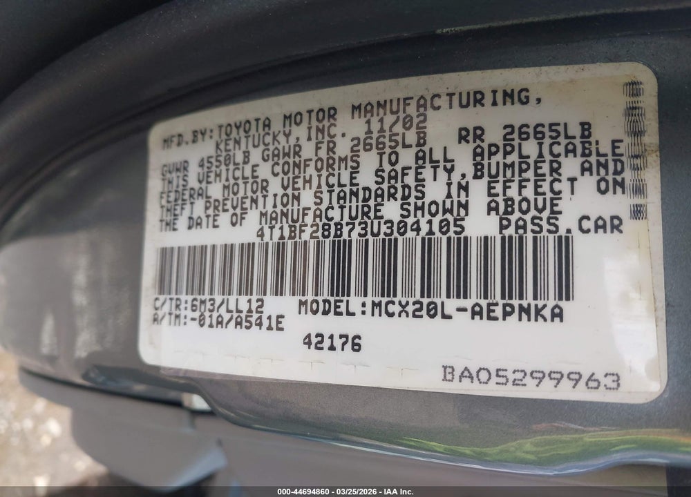 2003 TOYOTA AVALON XL VIN: 4T1BF28B73U304105
