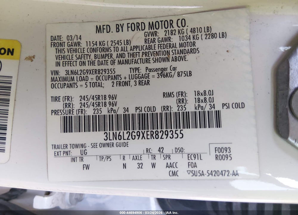 2014 LINCOLN MKZ VIN: 3LN6L2G9XER829355