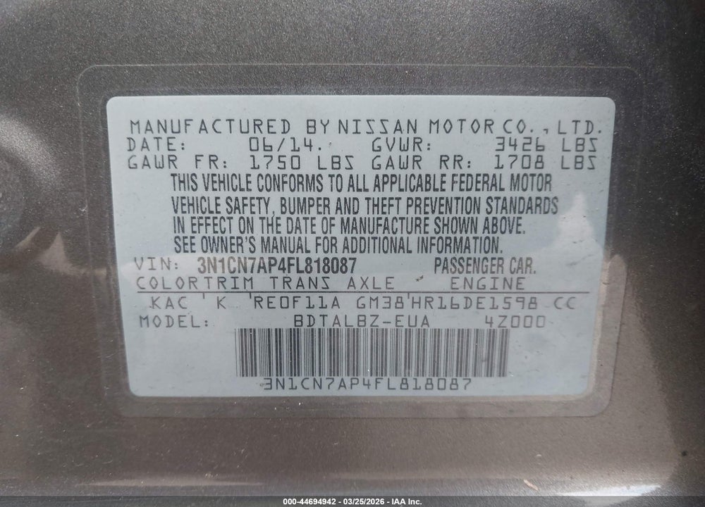 2015 NISSAN VERSA 1.6 SV VIN: 3N1CN7AP4FL818087