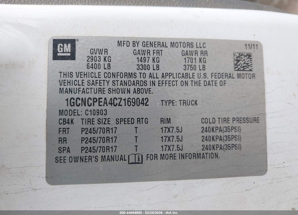2012 CHEVROLET SILVERADO 1500 WORK TRUCK VIN: 1GCNCPEA4CZ169042