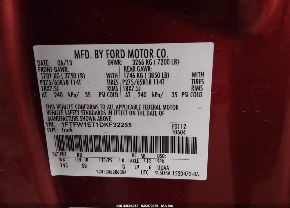 2013 FORD F-150 FX4 VIN: 1FTFW1ET1DKF32255