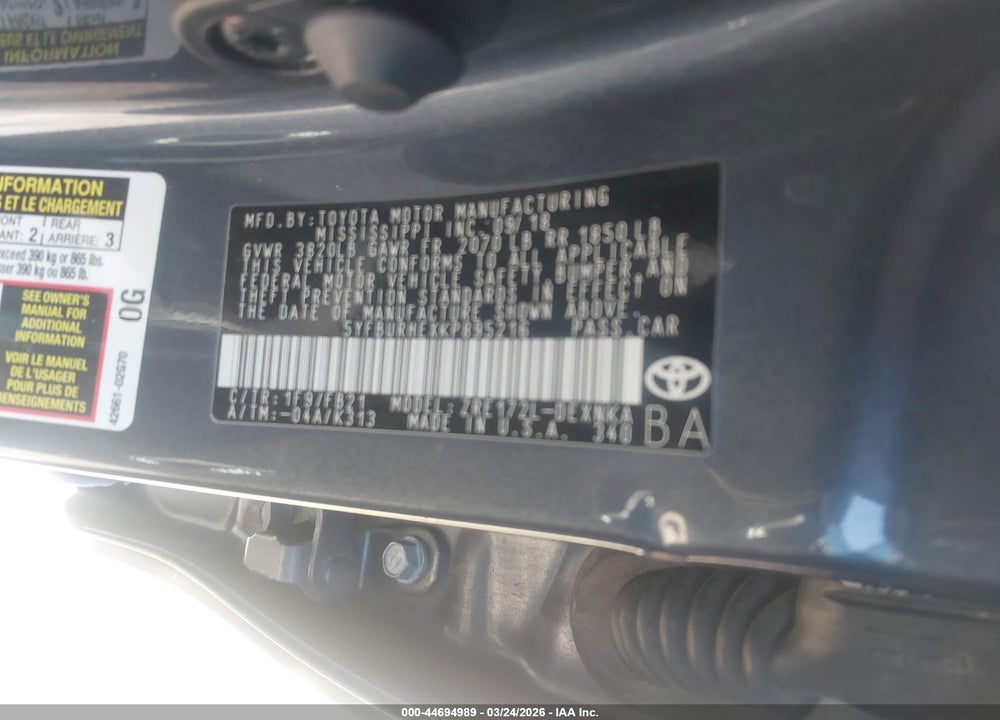 2019 TOYOTA COROLLA LE VIN: 5YFBURHEXKP895216