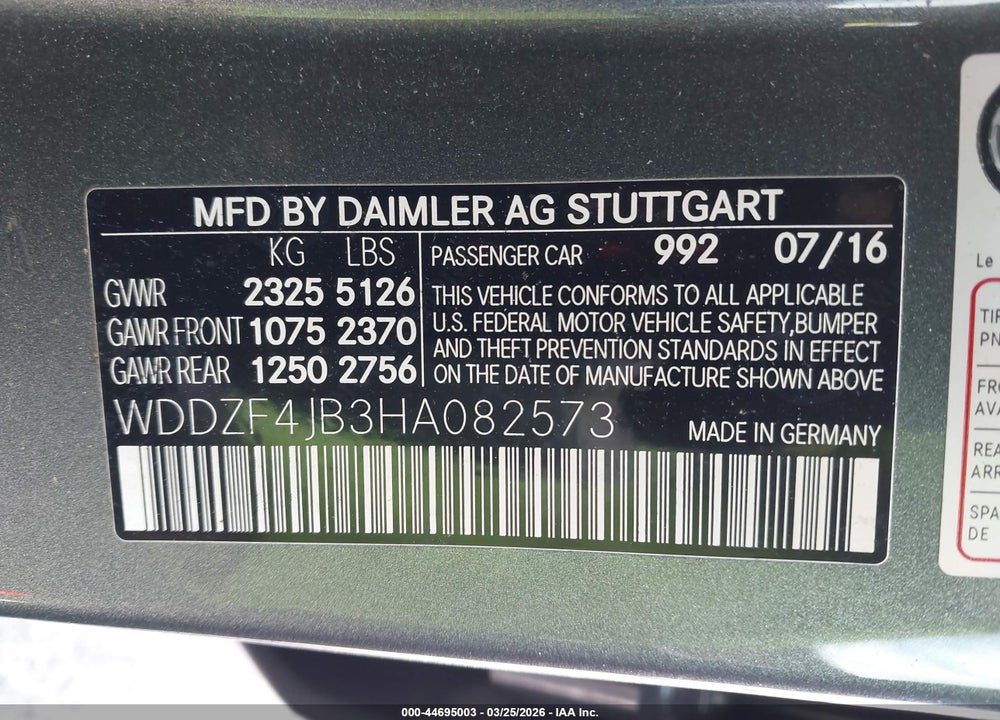 2017 MERCEDES-BENZ E 300 VIN: WDDZF4JB3HA082573