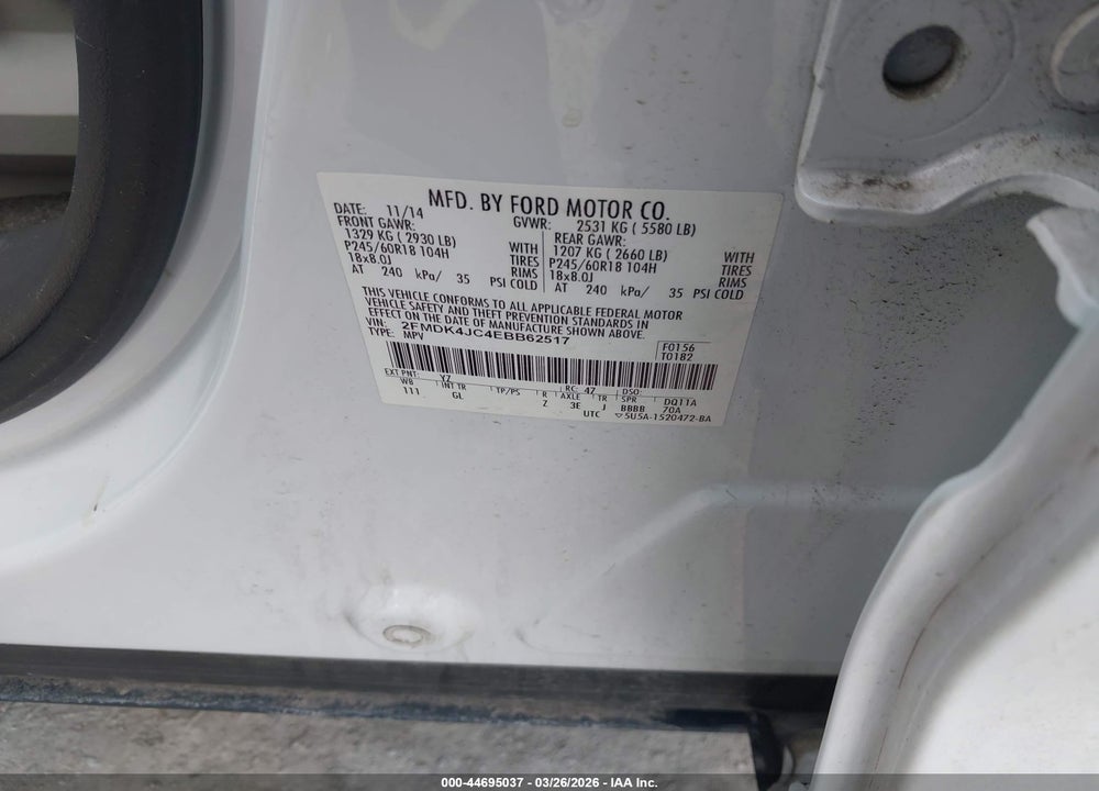 2014 FORD EDGE SEL VIN: 2FMDK4JC4EBB62517