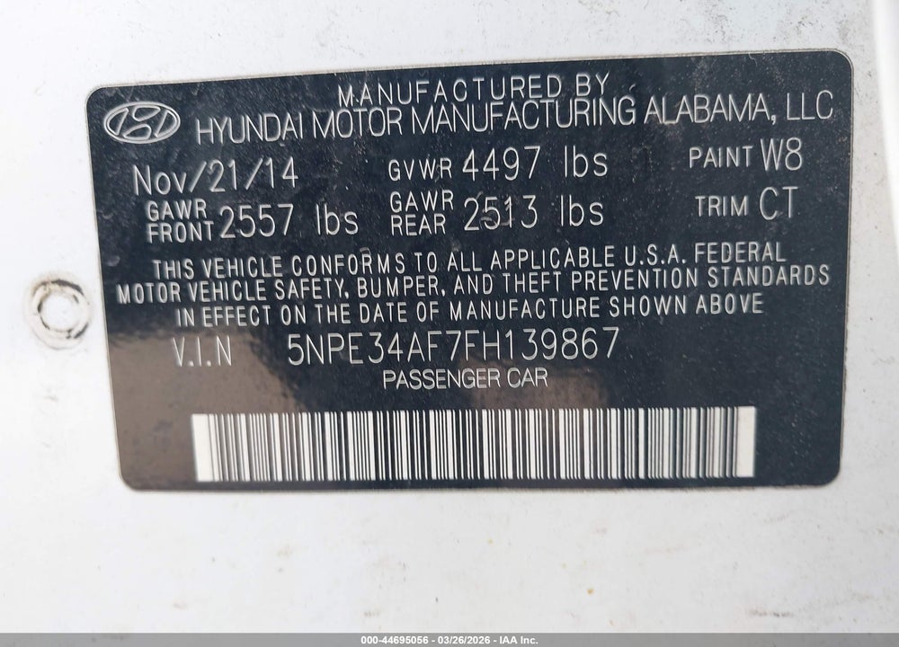 2015 HYUNDAI SONATA SPORT VIN: 5NPE34AF7FH139867