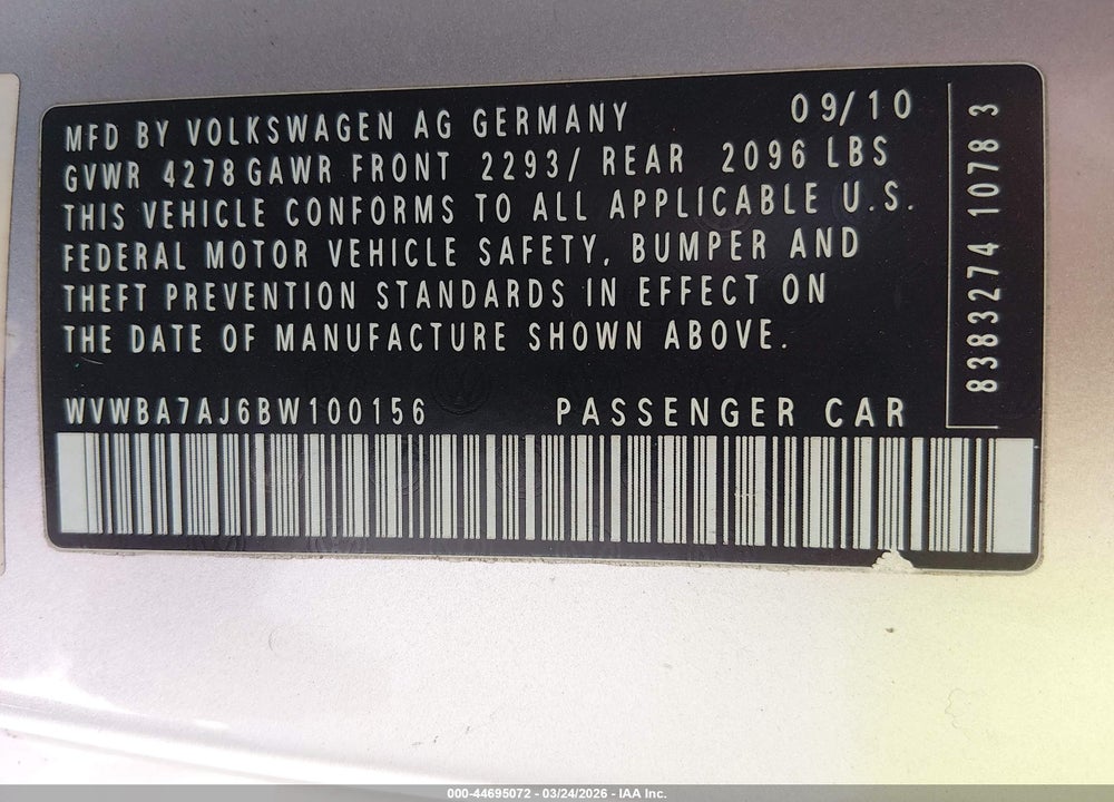 2011 VOLKSWAGEN GOLF 2.5L 2-DOOR VIN: WVWBA7AJ6BW100156