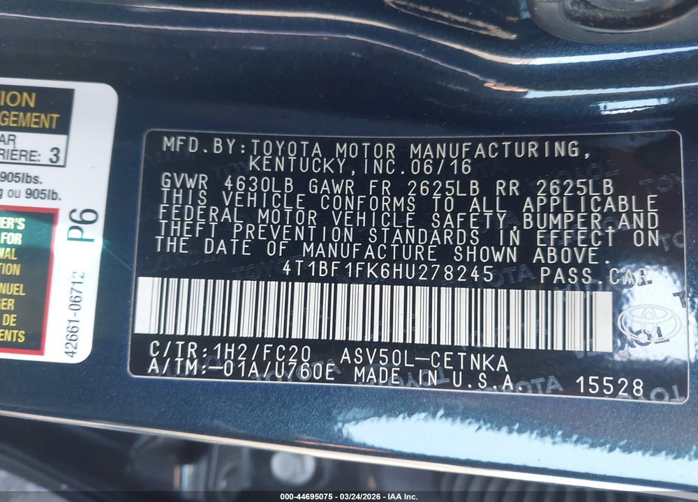 2017 TOYOTA CAMRY LE VIN: 4T1BF1FK6HU278245