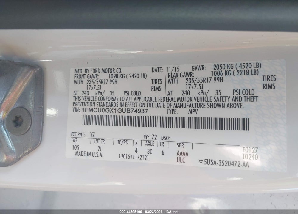 2016 FORD ESCAPE SE VIN: 1FMCU0GX1GUB74937