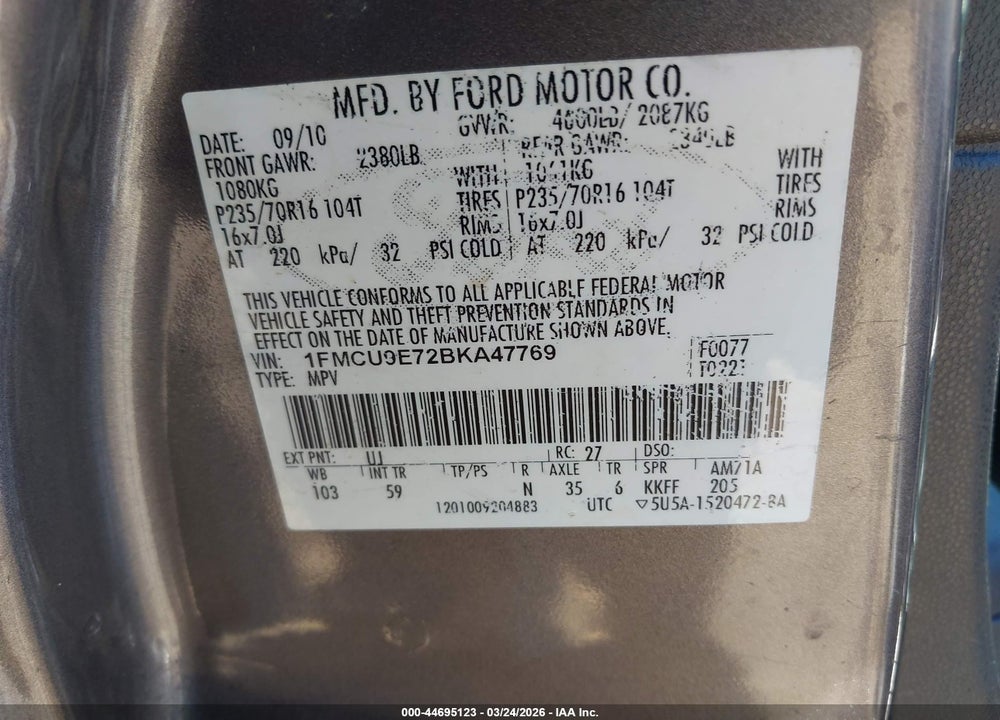 2011 FORD ESCAPE LIMITED VIN: 1FMCU9E72BKA47769