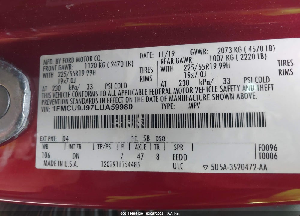 2020 FORD ESCAPE TITANIUM VIN: 1FMCU9J97LUA59980