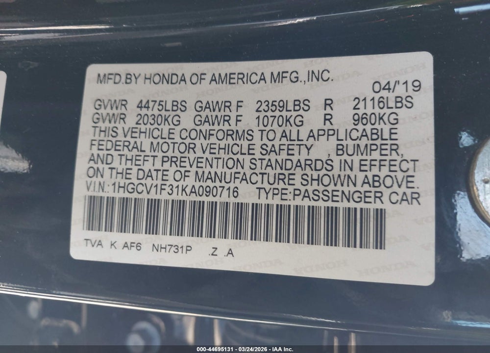 2019 HONDA ACCORD SPORT VIN: 1HGCV1F31KA090716