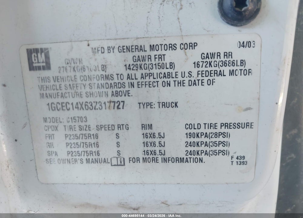 2003 CHEVROLET SILVERADO 1500 VIN: 1GCEC14X63Z317727