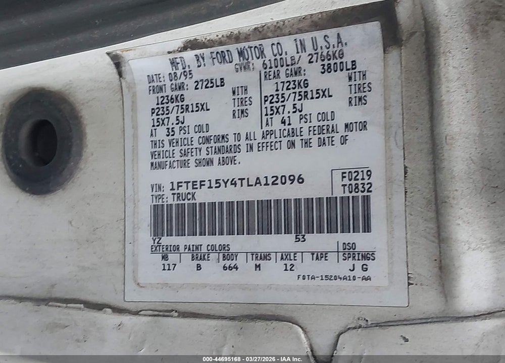 1996 FORD F150 VIN: 1FTEF15Y4TLA12096
