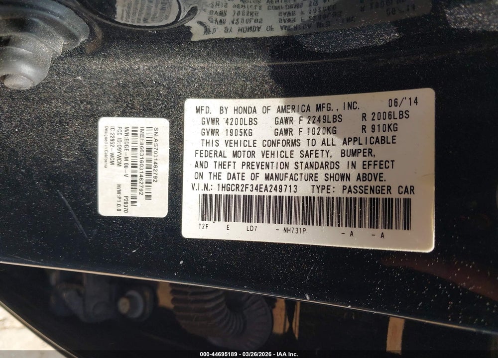2014 HONDA ACCORD LX VIN: 1HGCR2F34EA249713