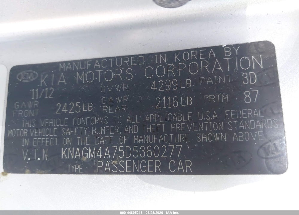 2013 KIA OPTIMA LX VIN: KNAGM4A75D5360277