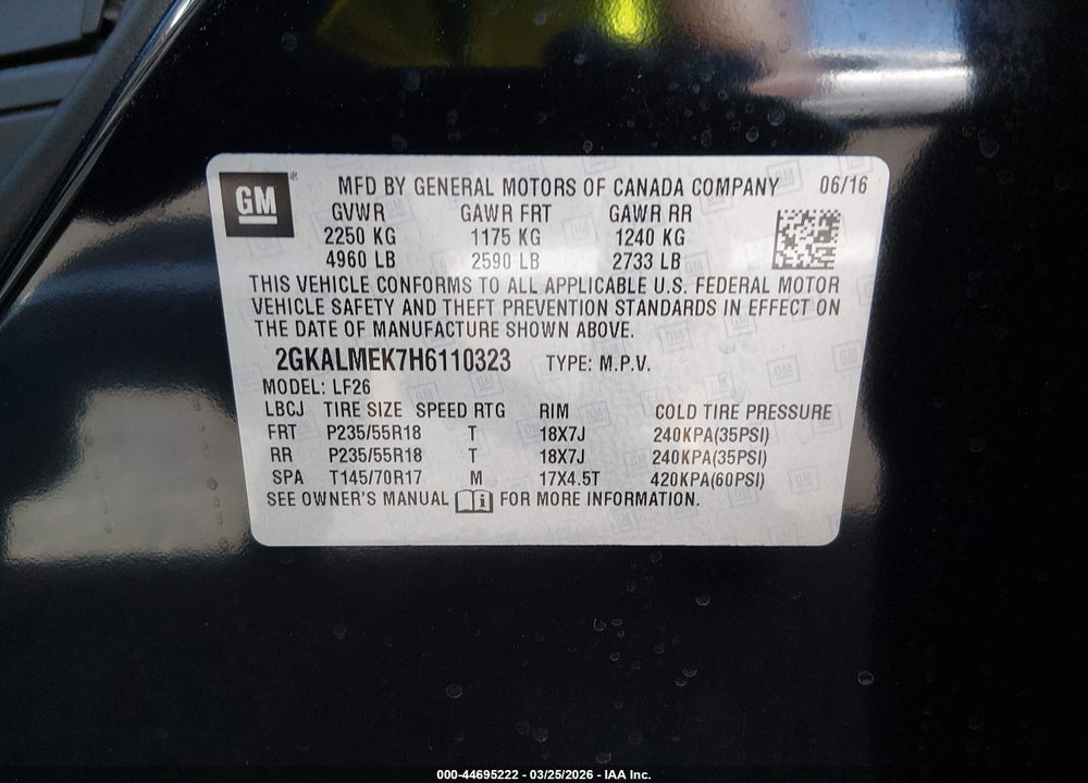 2017 GMC TERRAIN SLE-1 VIN: 2GKALMEK7H6110323
