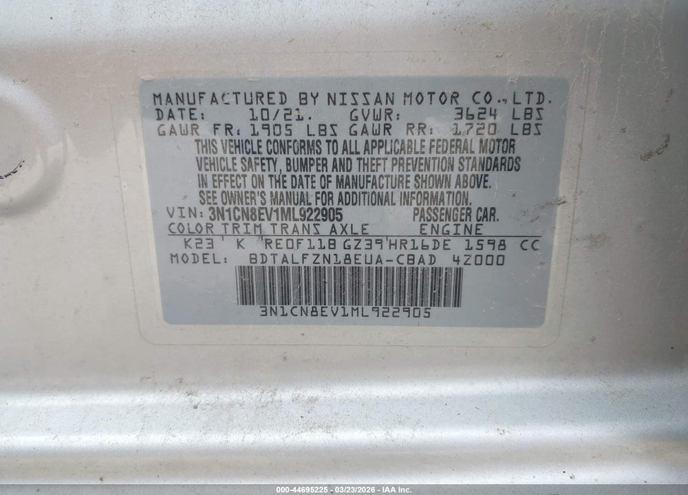 2021 NISSAN VERSA SV XTRONIC CVT VIN: 3N1CN8EV1ML922905