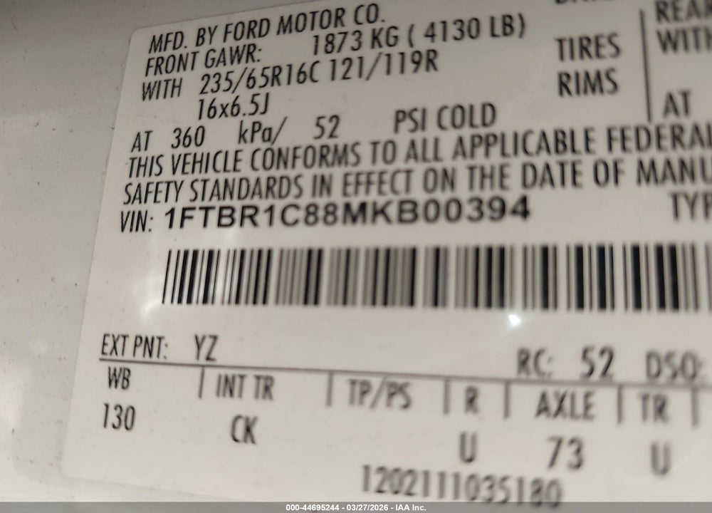 2021 FORD TRANSIT-250 CARGO VAN VIN: 1FTBR1C88MKB00394