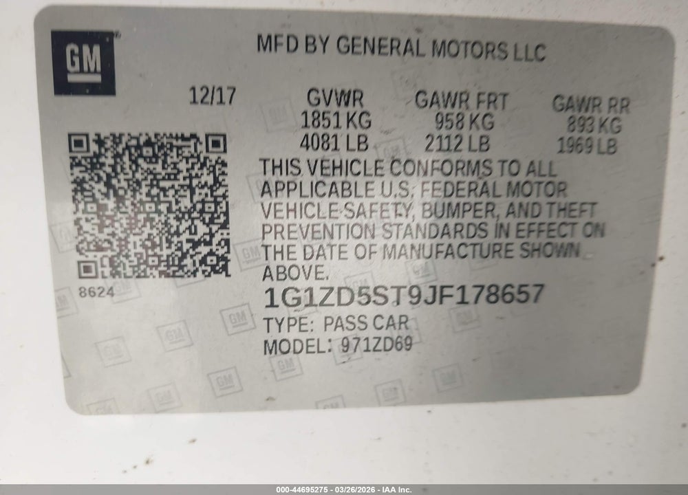 2018 CHEVROLET MALIBU LT VIN: 1G1ZD5ST9JF178657