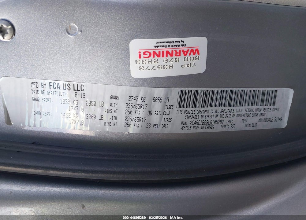 2020 CHRYSLER PACIFICA TOURING L VIN: 2C4RC1BG8LR105782