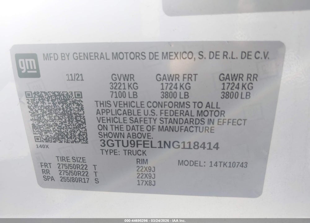 2022 GMC SIERRA 1500 LIMITED 4WD  STANDARD BOX DENALI VIN: 3GTU9FEL1NG118414