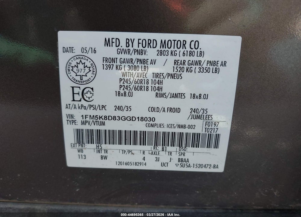 2016 FORD EXPLORER XLT VIN: 1FM5K8D83GGD18030