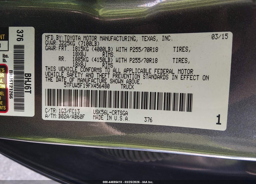 2015 TOYOTA TUNDRA SR5 5.7L V8 VIN: 5TFUW5F19FX456480