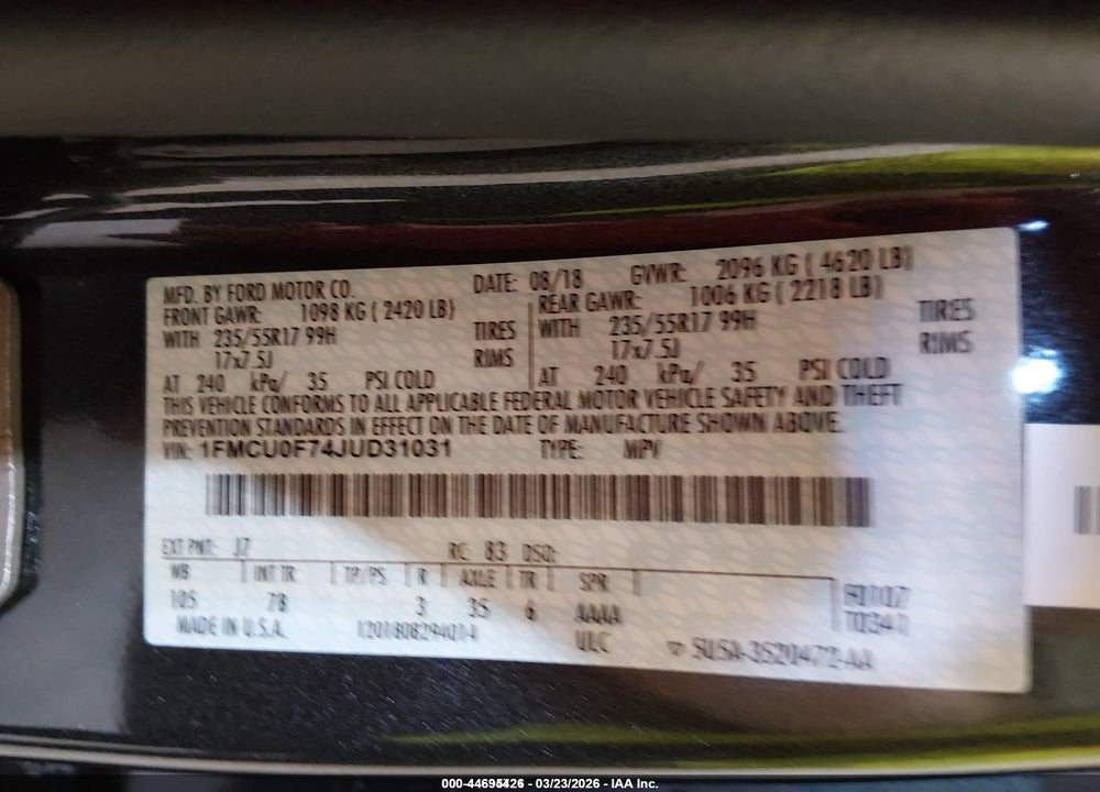 2018 FORD ESCAPE S VIN: 1FMCU0F74JUD31031