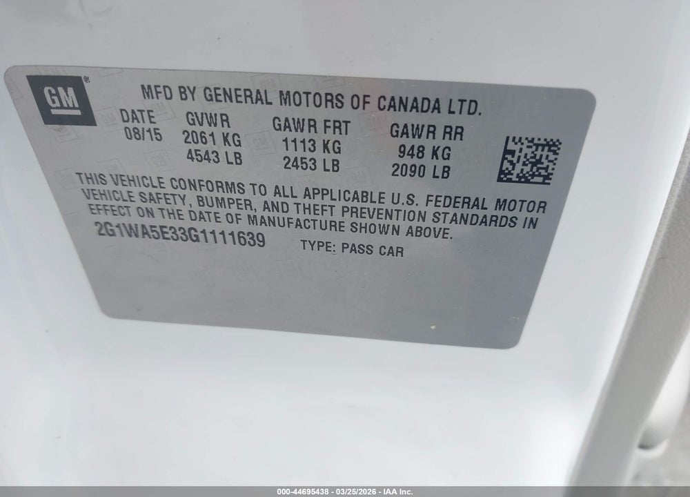 2016 CHEVROLET IMPALA LIMITED LS VIN: 2G1WA5E33G1111639
