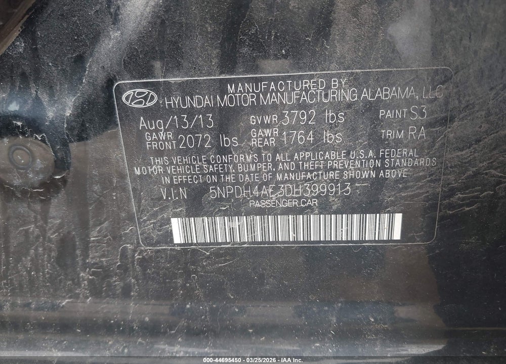2013 HYUNDAI ELANTRA GLS VIN: 5NPDH4AE3DH399913