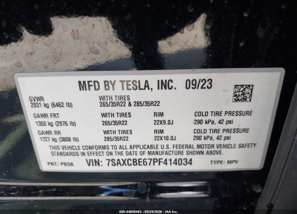 2023 TESLA MODEL X PLAID TRI MOTOR ALL-WHEEL DRIVE VIN: 7SAXCBE67PF414034