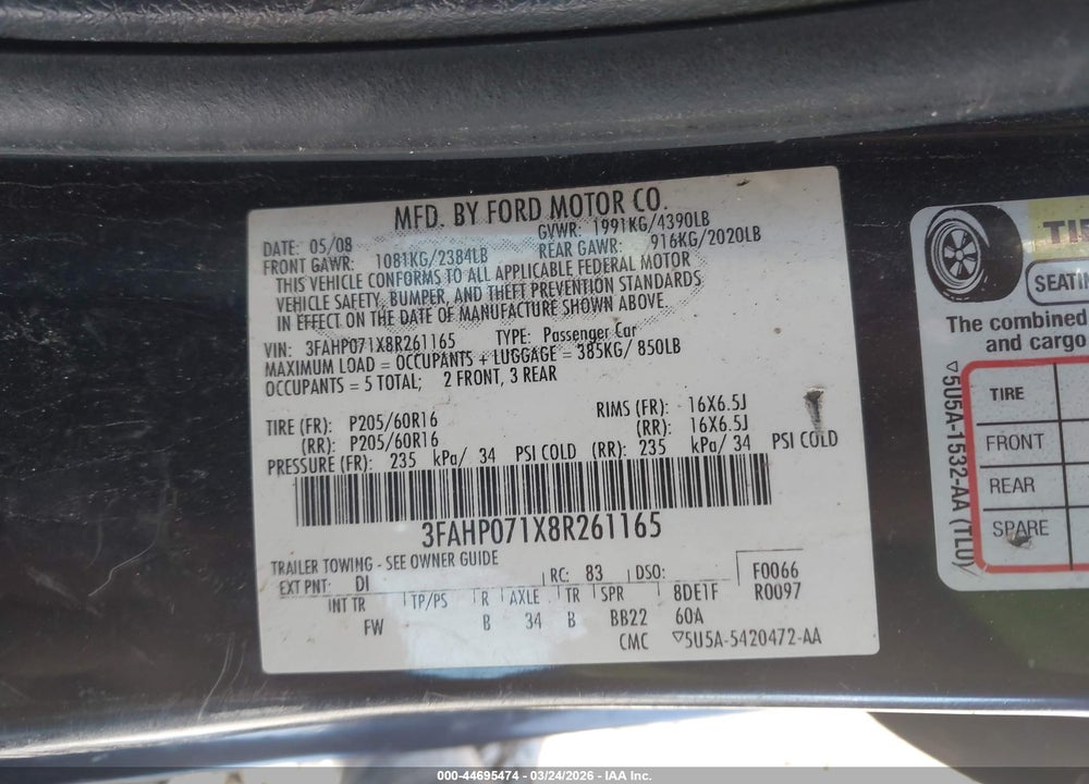 2008 FORD FUSION SE VIN: 3FAHP071X8R261165