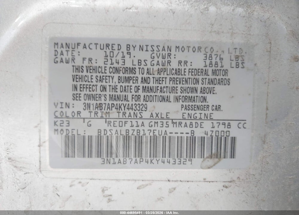 2019 NISSAN SENTRA S VIN: 3N1AB7AP4KY443329