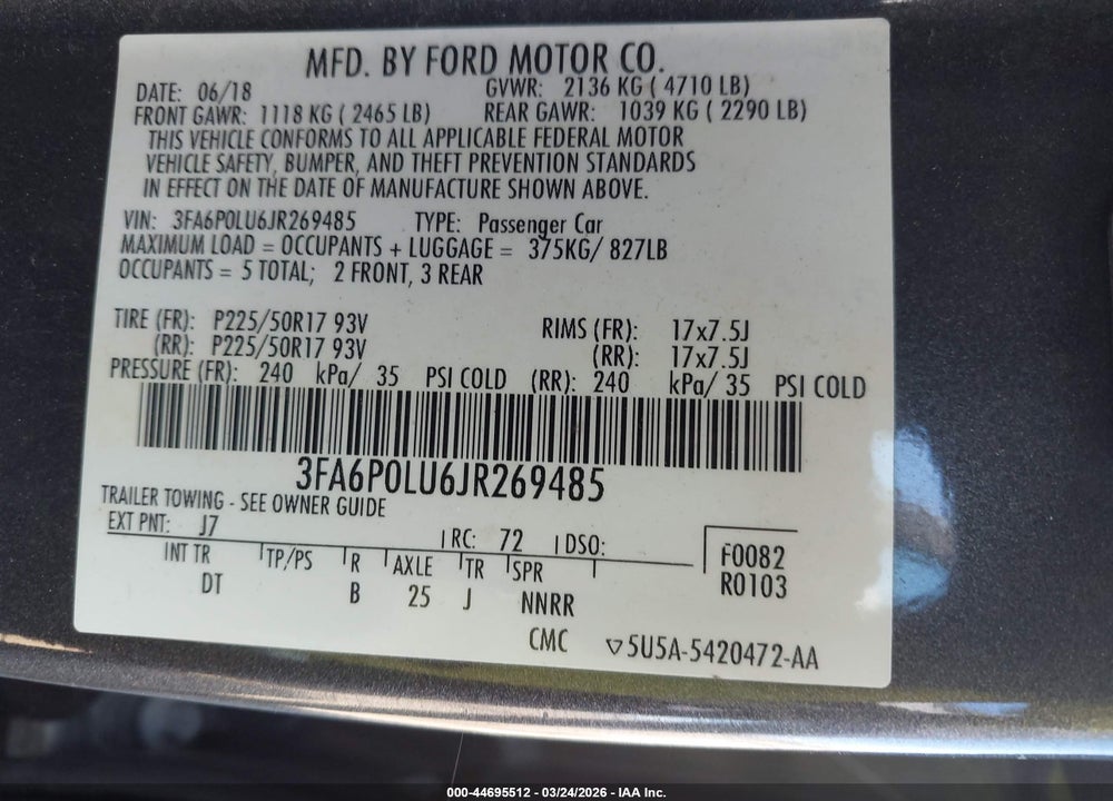2018 FORD FUSION HYBRID SE VIN: 3FA6P0LU6JR269485