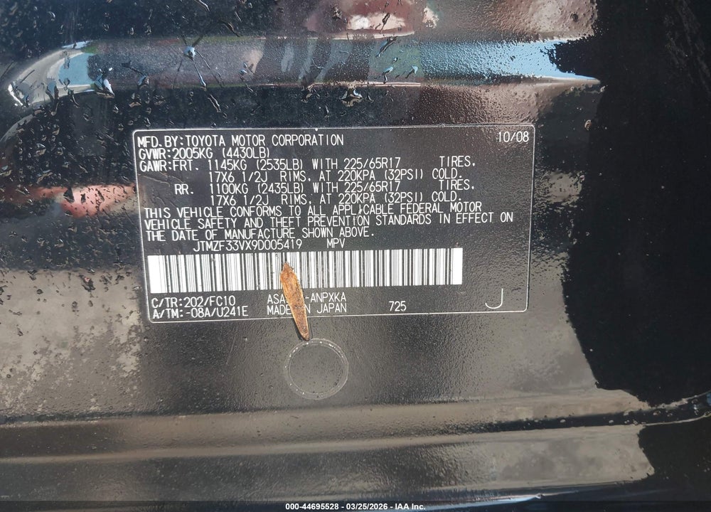 2009 TOYOTA RAV4 VIN: JTMZF33VX9D005419