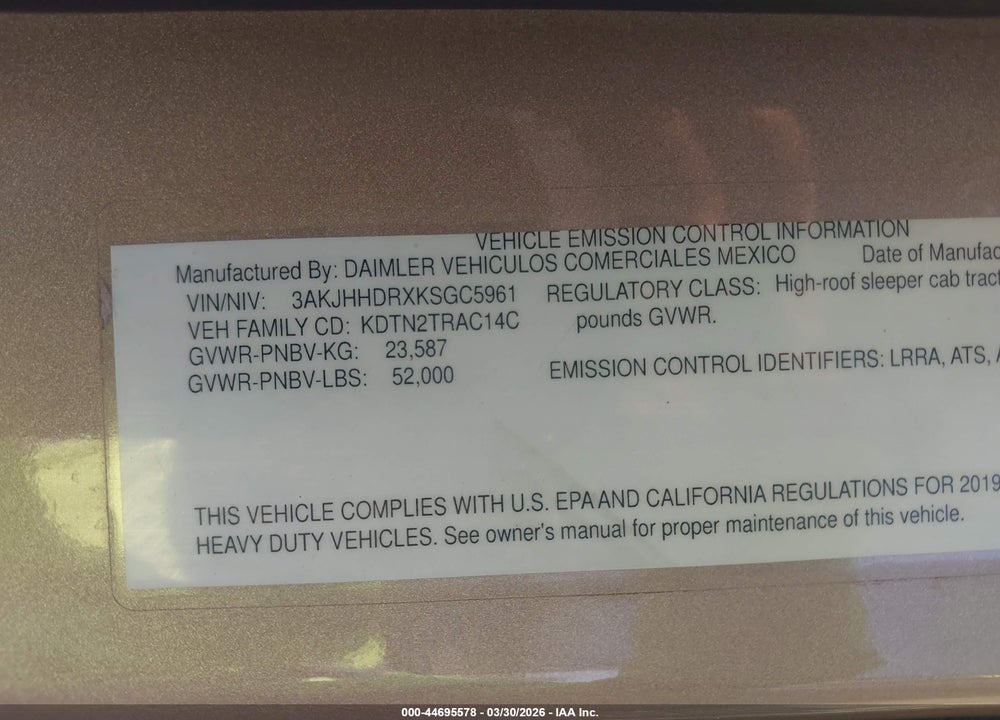 2019 FREIGHTLINER NEW CASCADIA 126 VIN: 3AKJHHDRXKSGC5961