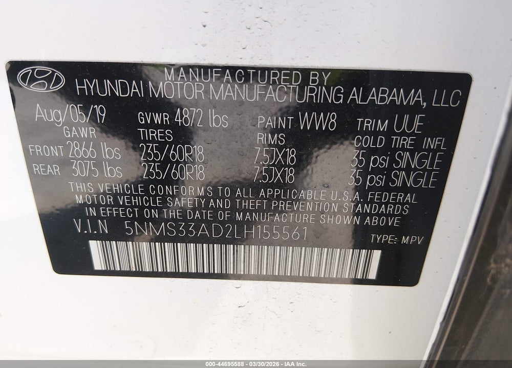 2020 HYUNDAI SANTA FE SEL VIN: 5NMS33AD2LH155561