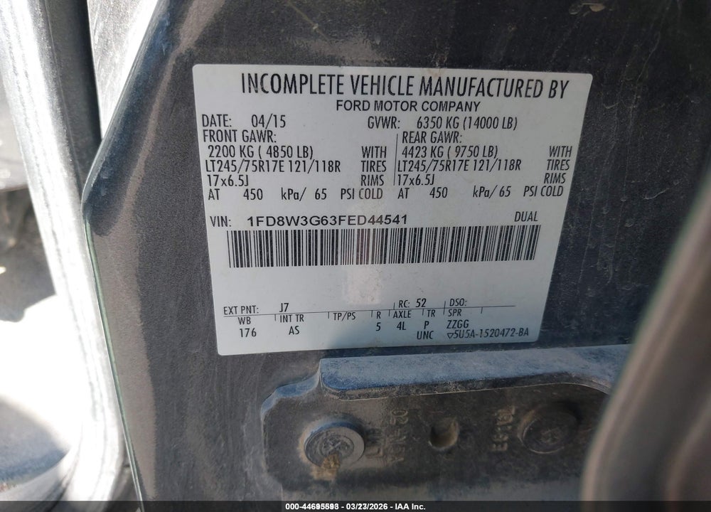 2015 FORD F-350 CHASSIS XL VIN: 1FD8W3G63FED44541