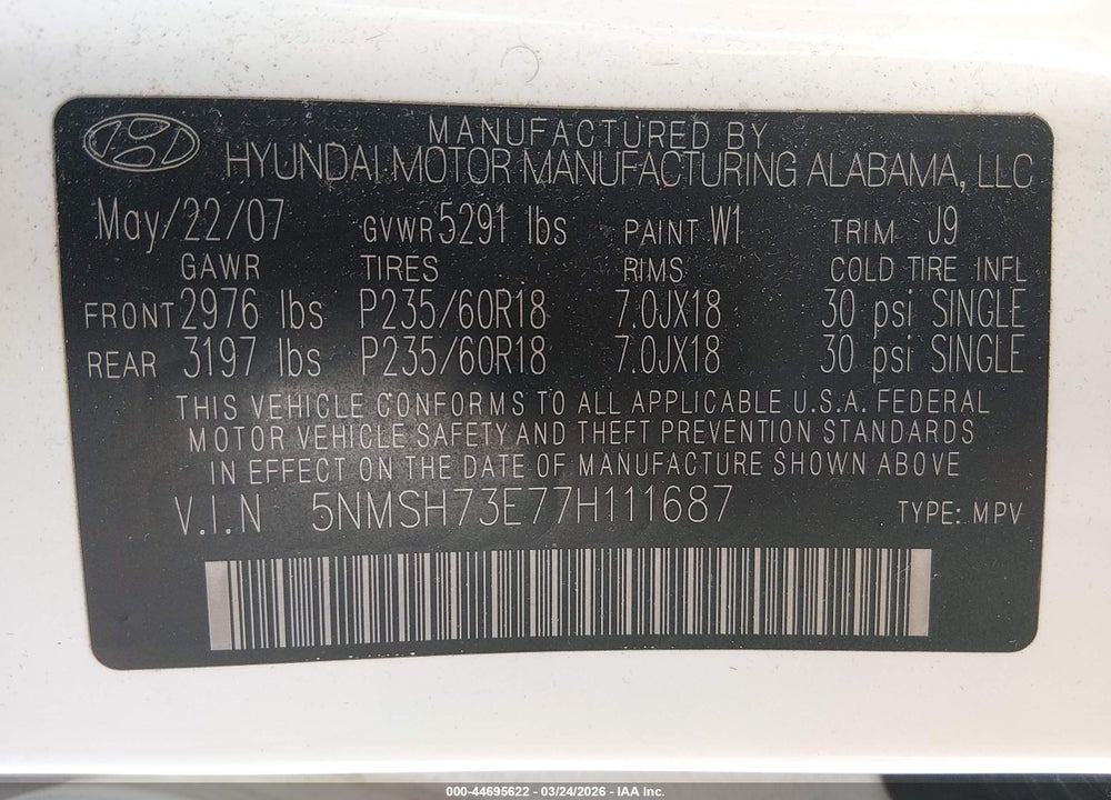 2007 HYUNDAI SANTA FE LIMITED/SE VIN: 5NMSH73E77H111687