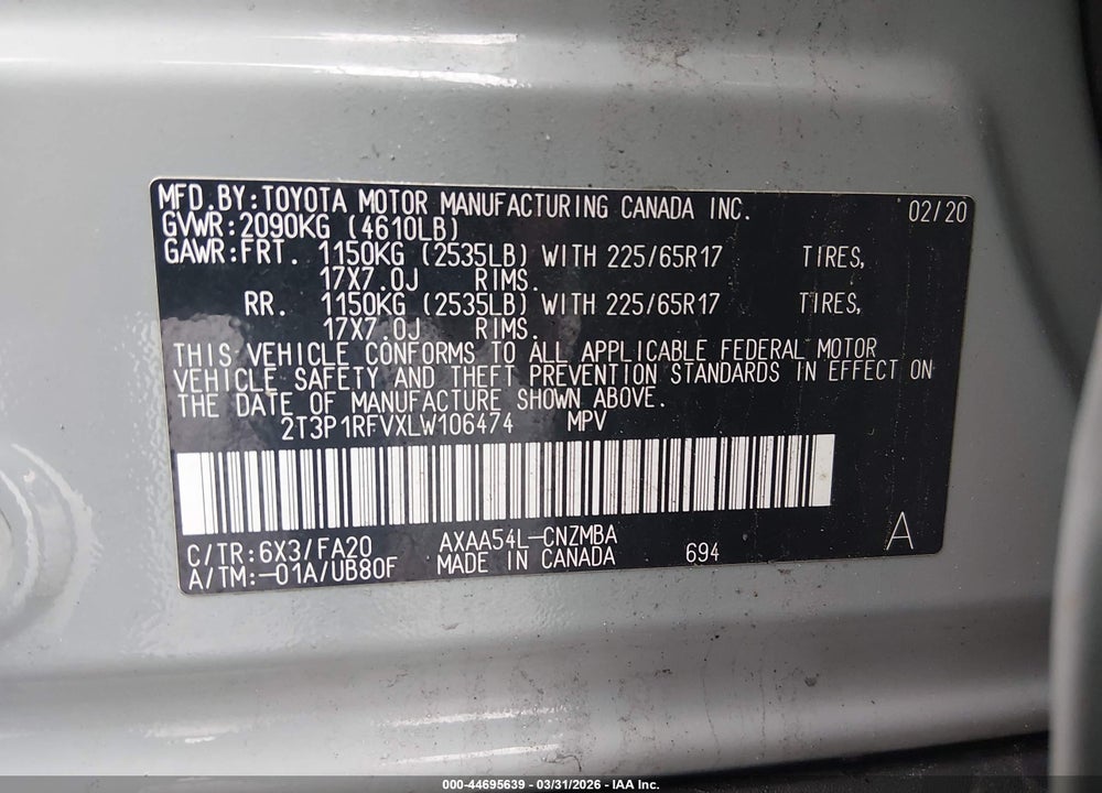 2020 TOYOTA RAV4 XLE VIN: 2T3P1RFVXLW106474