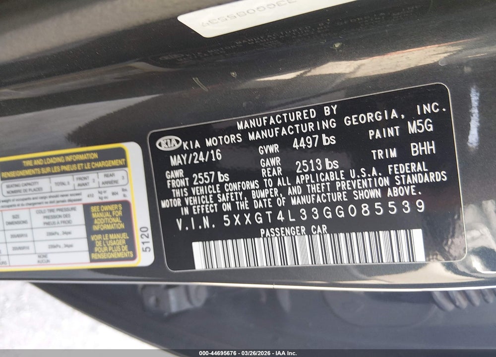 2016 KIA OPTIMA LX VIN: 5XXGT4L33GG085539