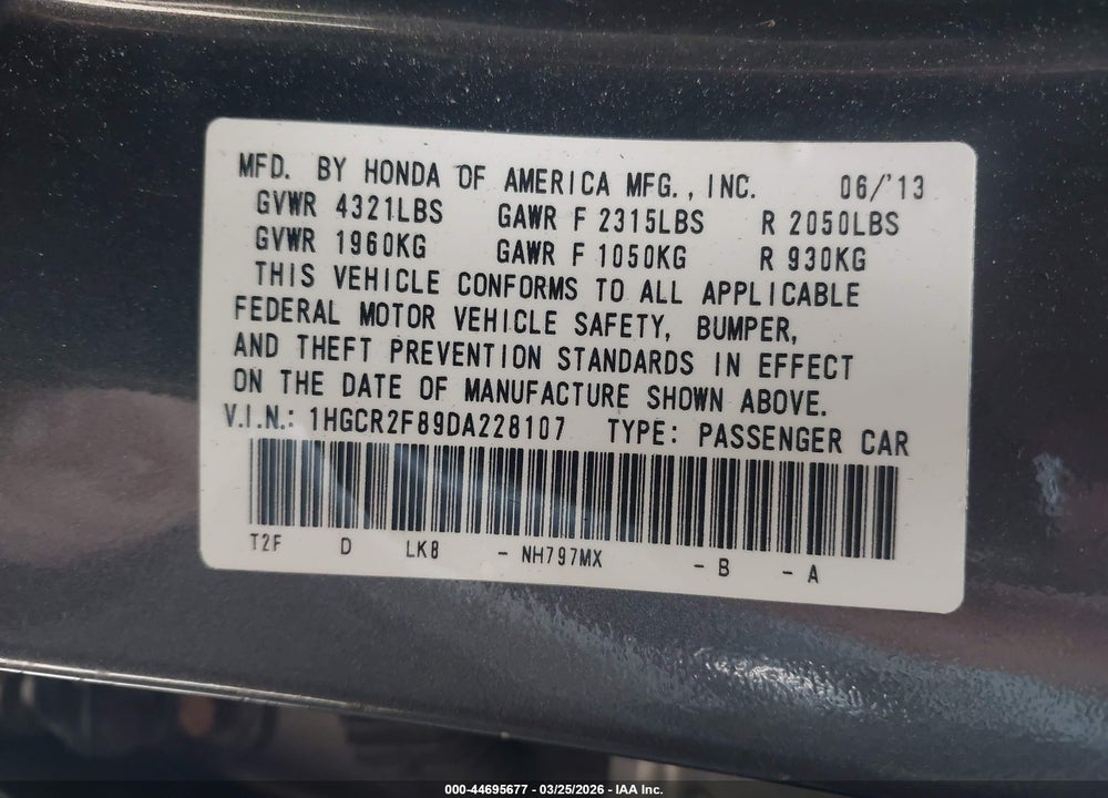 2013 HONDA ACCORD EX-L VIN: 1HGCR2F89DA228107