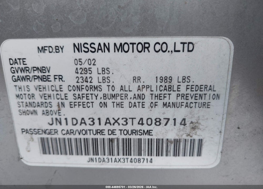 2003 NISSAN MAXIMA GLE VIN: JN1DA31AX3T408714