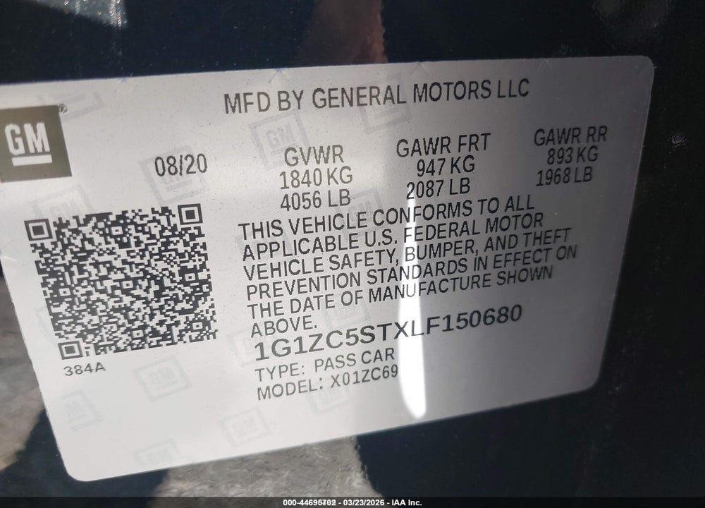 2020 CHEVROLET MALIBU FWD 1FL VIN: 1G1ZC5STXLF150680