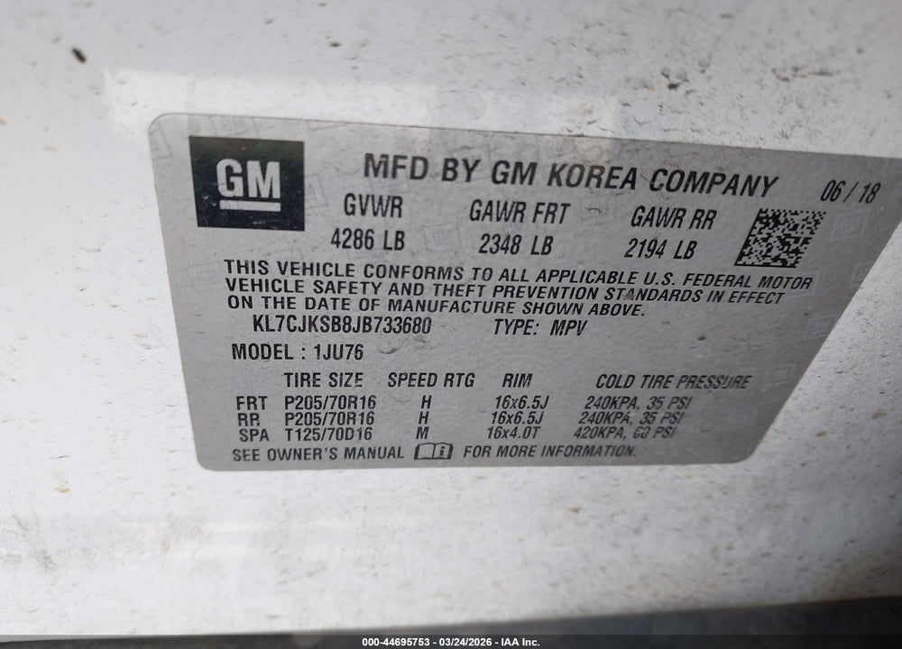 2018 CHEVROLET TRAX LS VIN: KL7CJKSB8JB733680