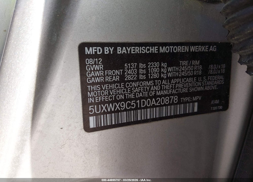 2013 BMW X3 XDRIVE28I VIN: 5UXWX9C51D0A20878