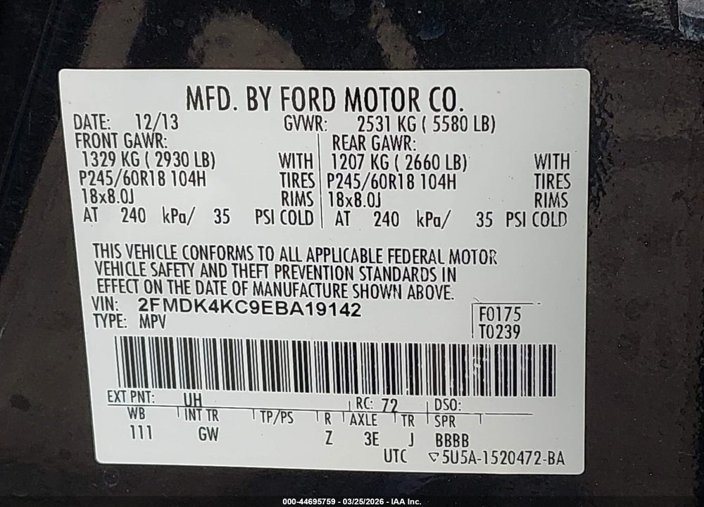 2014 FORD EDGE LIMITED VIN: 2FMDK4KC9EBA19142
