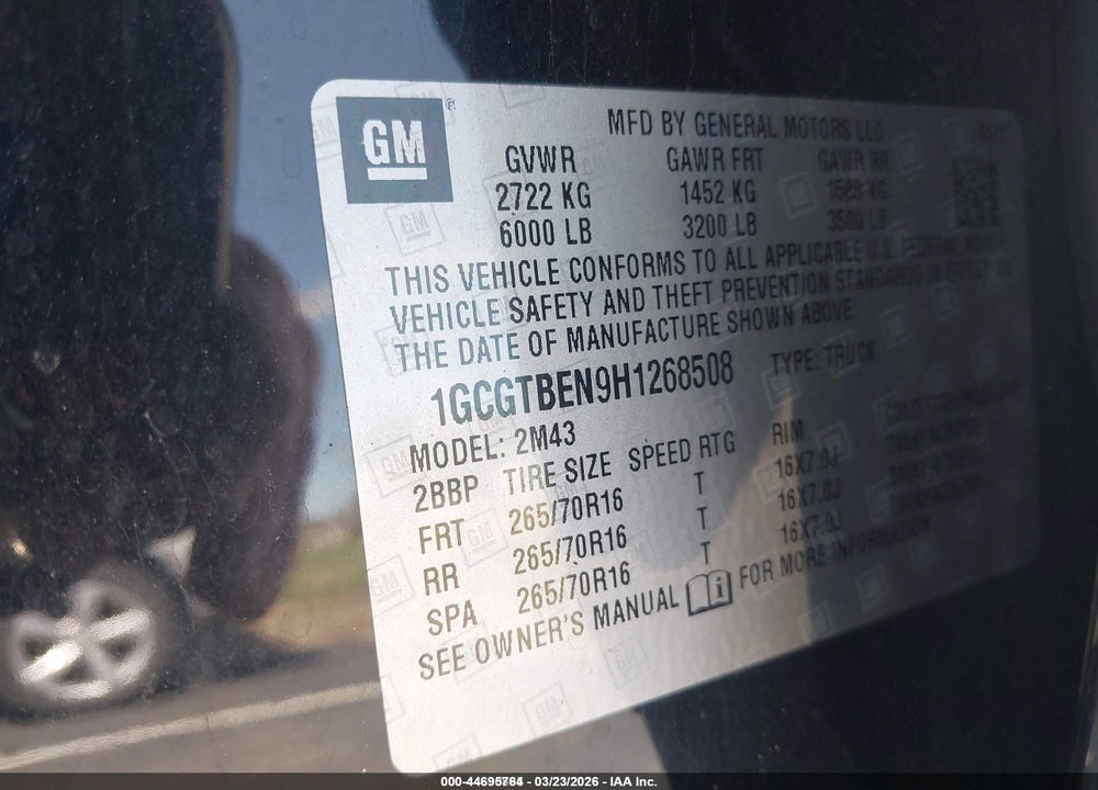 2017 CHEVROLET COLORADO WT VIN: 1GCGTBEN9H1268508
