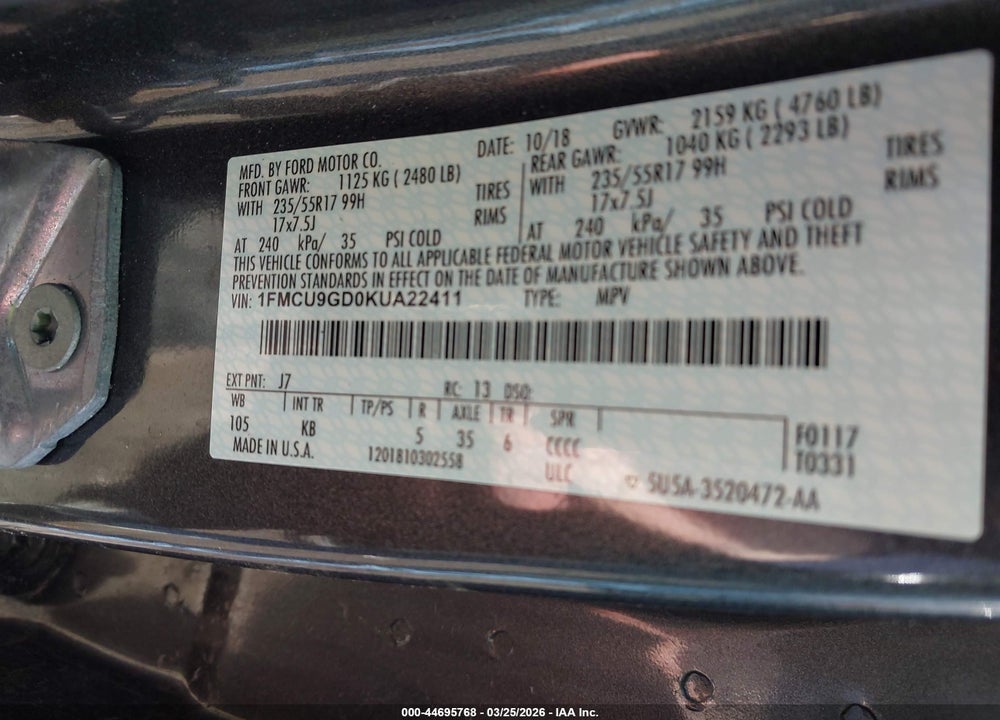 2019 FORD ESCAPE SE VIN: 1FMCU9GD0KUA22411